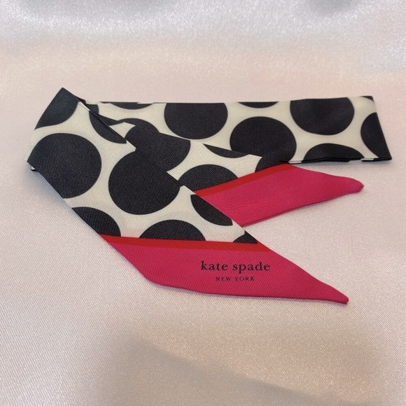 Kate Spade New York Silk Twilly Scarf,Black&White Polka Dots with Pink Edge-NEW - Picture 2 of 8
